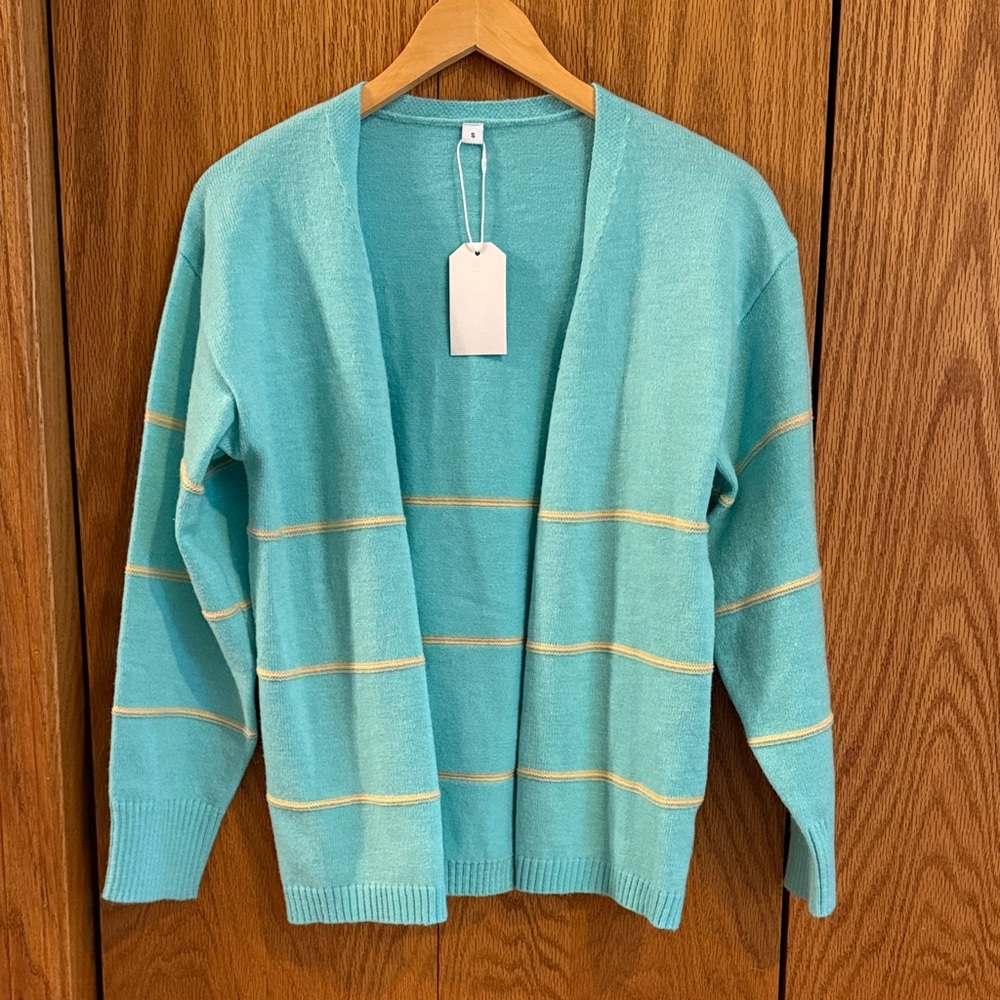 Open-Front Teal Stripe Women's Cardigan